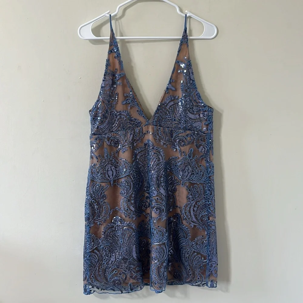 Free People Night Shimmers Mini Dress Blue Size 12 - Picture 7 of 13